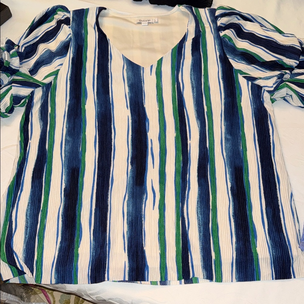 Chico's Blue and Green Striped V-Neck Top